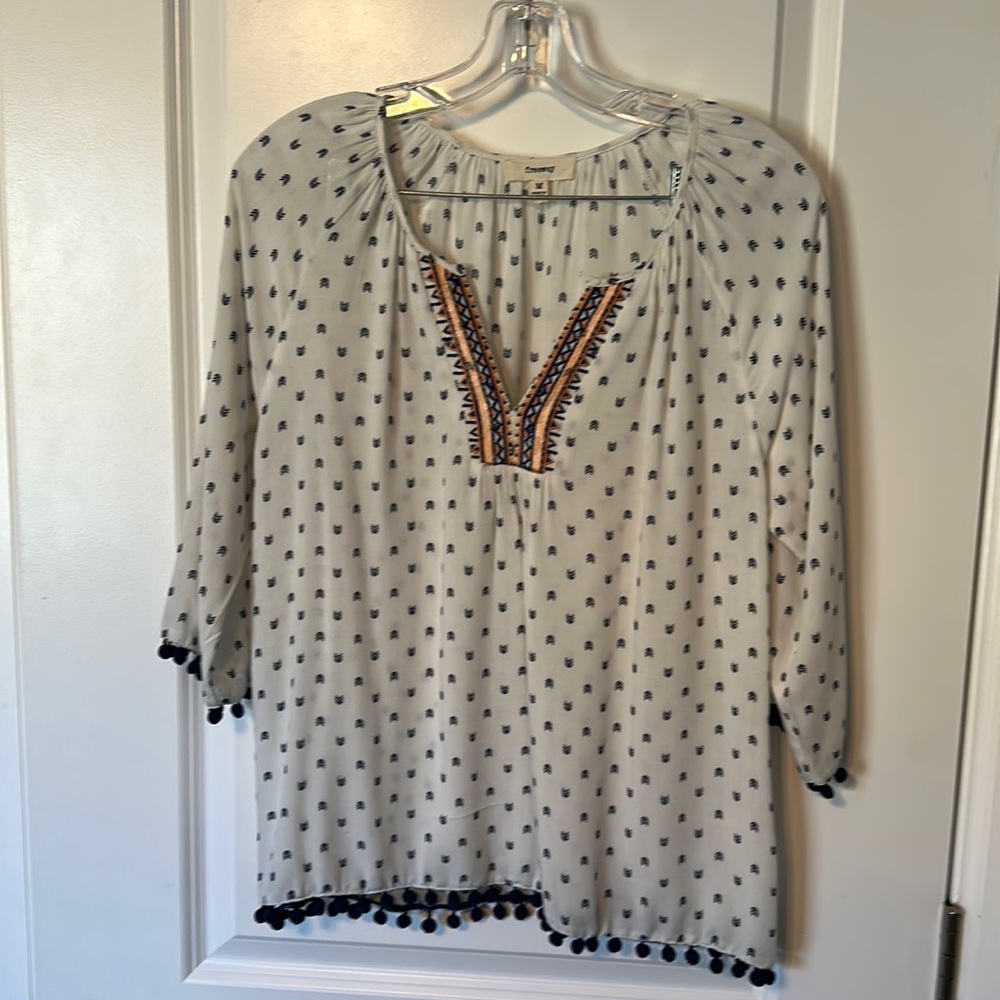 Freeway White and Black Blouse with Embroidered Detail
